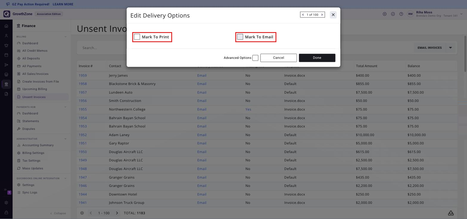 Edit Delivery Options dialog with the Mark To Print and Mark To Email check-boxes boxed, both cleared