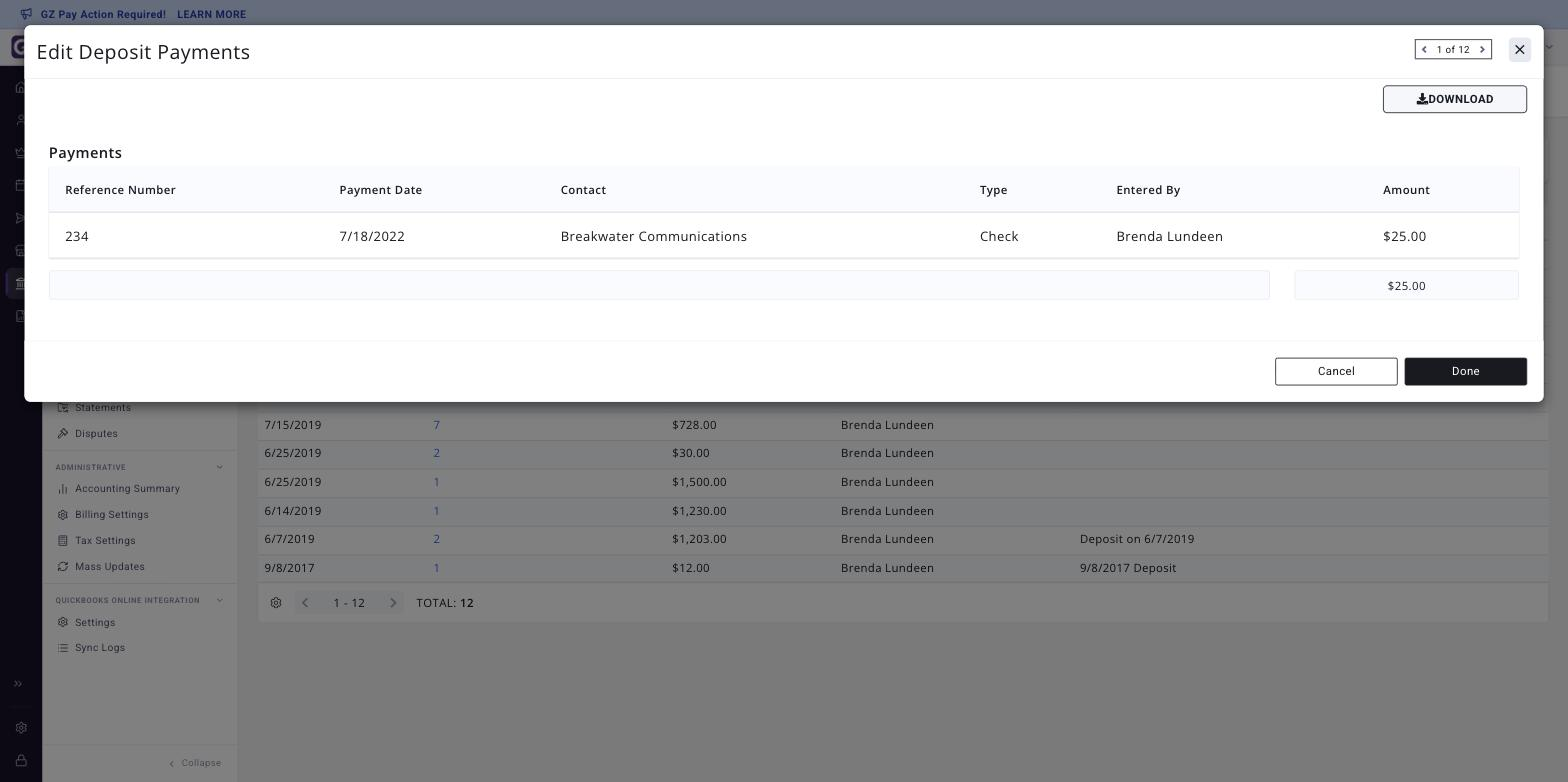 Deposit detail view listing the individual payments in one deposit, with the Count of Payments hyperlink that was clicked boxed