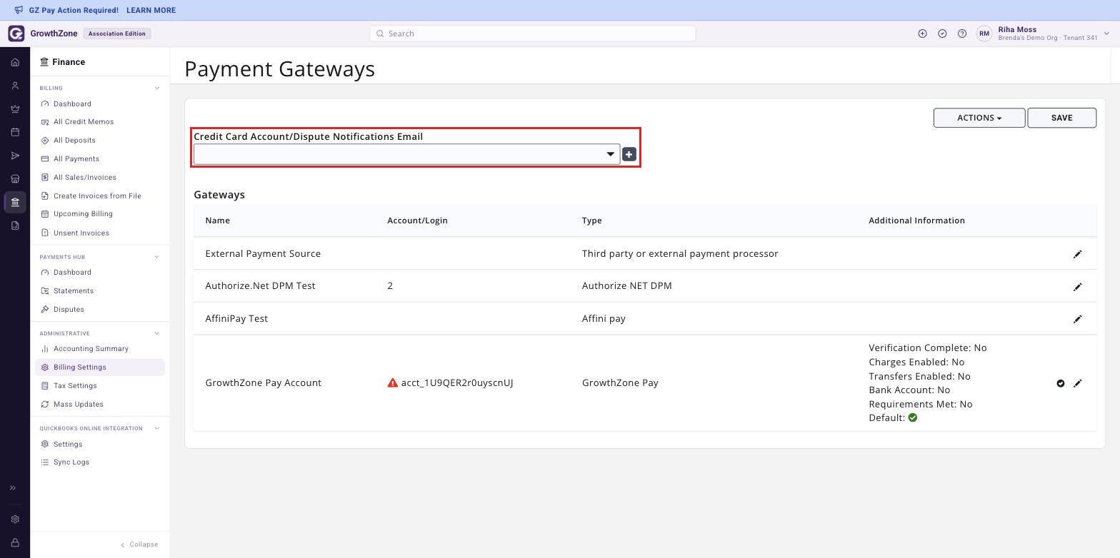 Payment Gateways page reached from Finance > Administrative > Billing Settings, with the Credit Card Account/Dispute Notifications Email list boxed