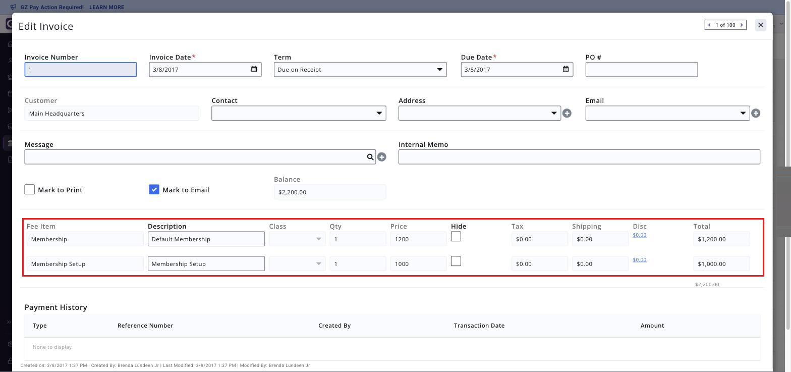 Edit Invoice window with the line-item grid boxed &mdash; Fee Item, Description, Class, Qty, Price, Hide, Tax, Shipping, Disc and Total