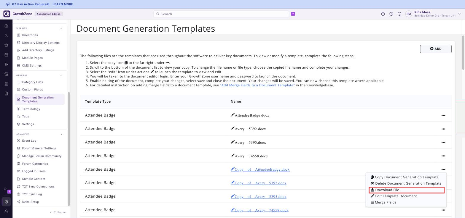 The &bull;&bull;&bull; menu on a copied template row with Download File highlighted