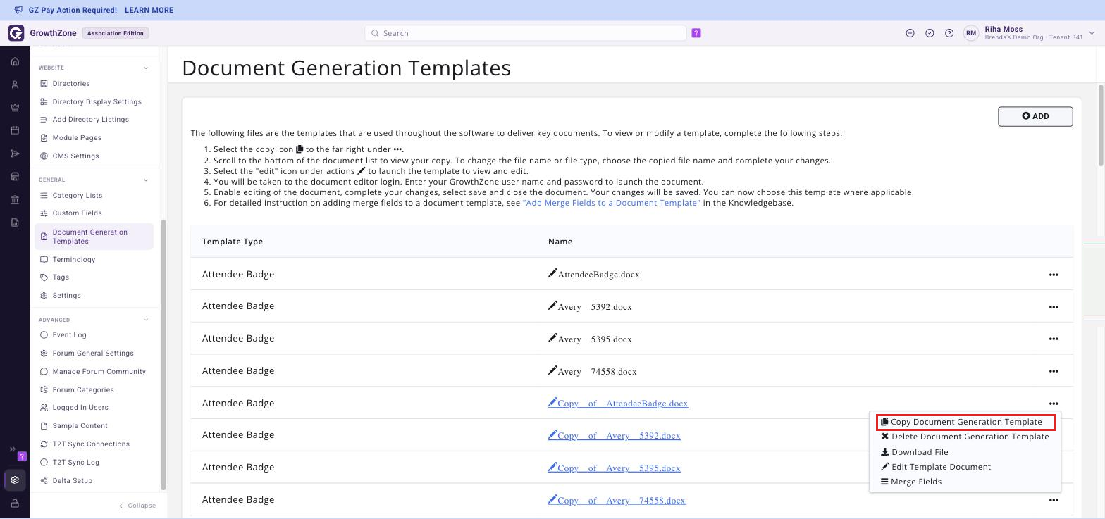 The &bull;&bull;&bull; menu on a copied template row with Copy Document Generation Template highlighted