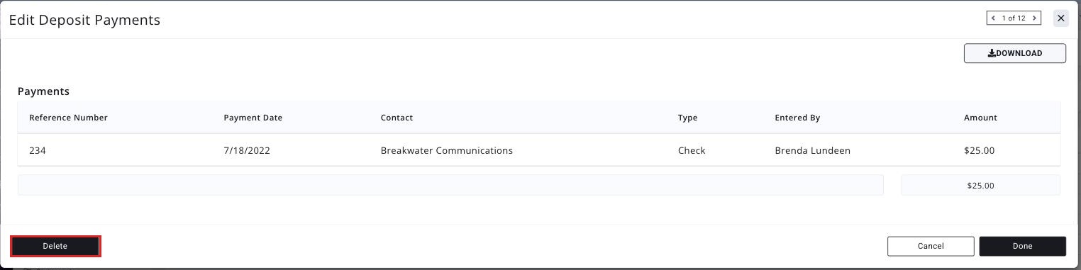 Edit Deposit Payments panel with the Delete button boxed