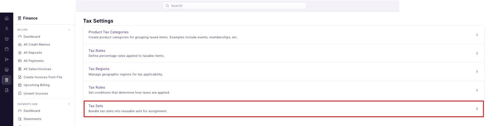 Tax Settings page listing the five tax pages, with Tax Sets boxed