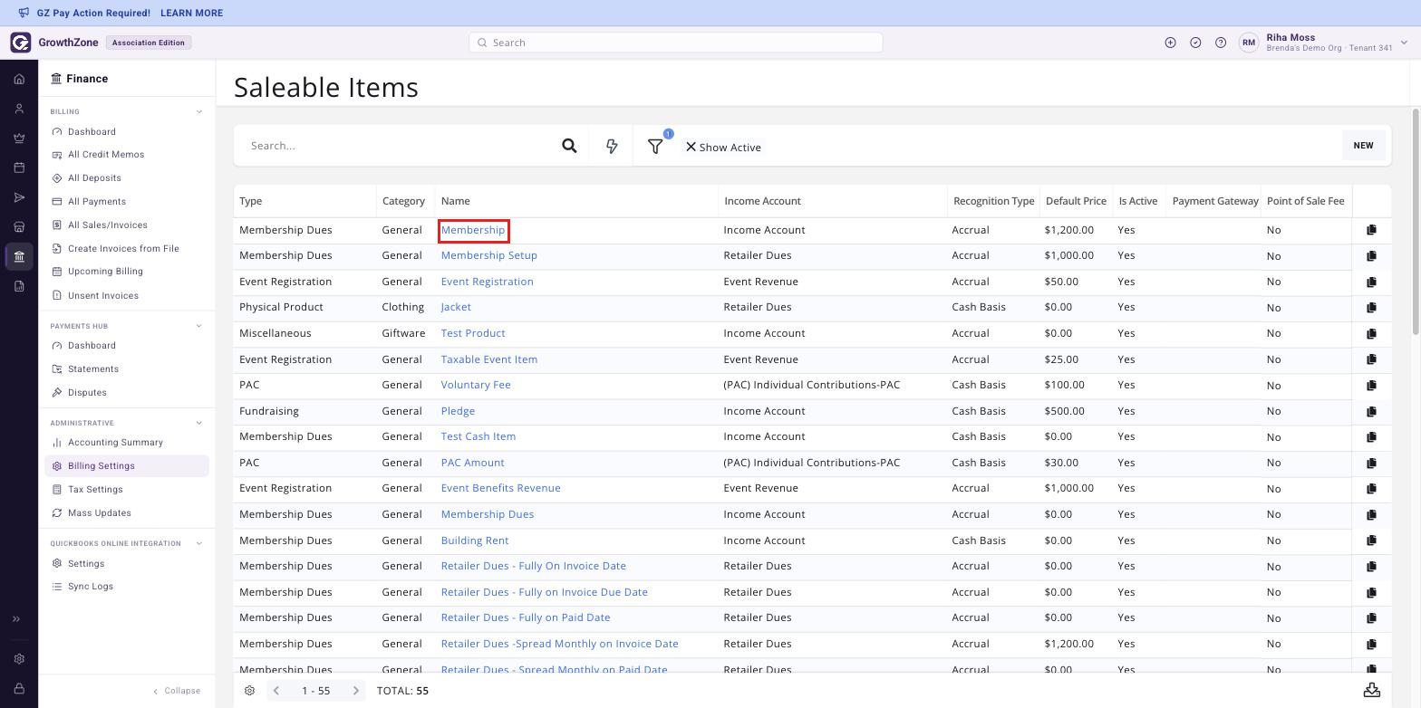 Fee Items page with the name link of one fee item boxed