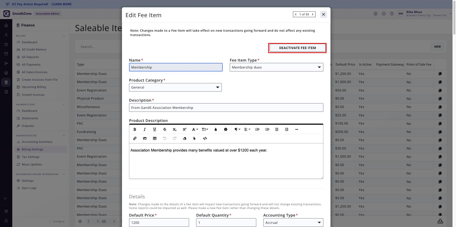 Edit Fee Item screen with the DEACTIVATE FEE ITEM button boxed