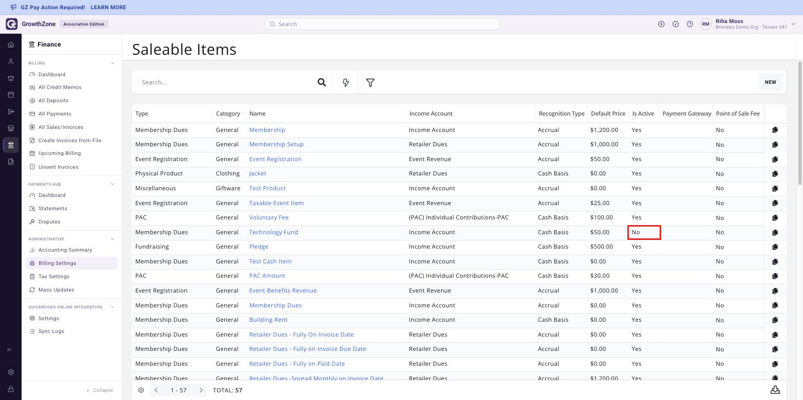 Fee Items page with the Show Active filter cleared, showing an inactive fee item in the list