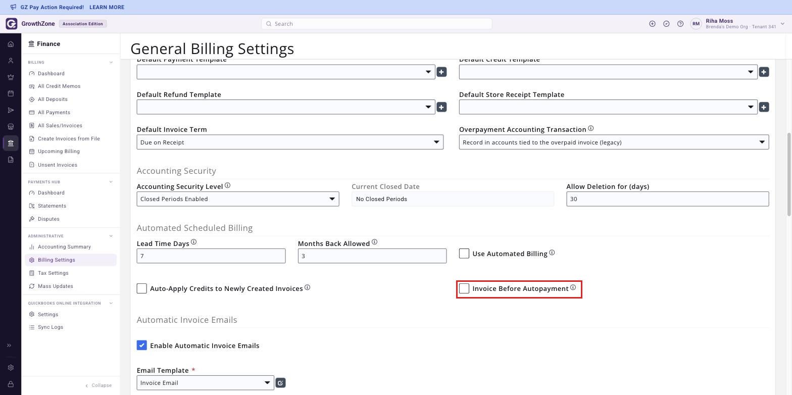 General Billing Settings page with the Invoice Before Autopayment checkbox boxed, showing it cleared