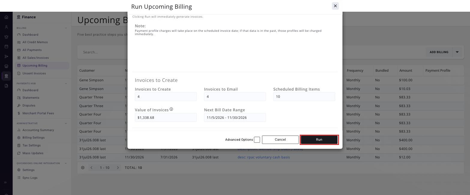 Run Upcoming Billing window with the Run button boxed