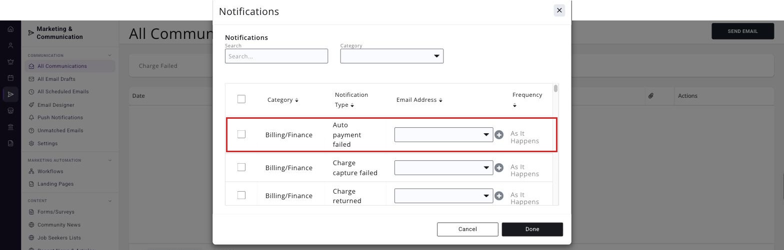 Notifications window with the Billing/Finance Auto payment failed subscription row boxed