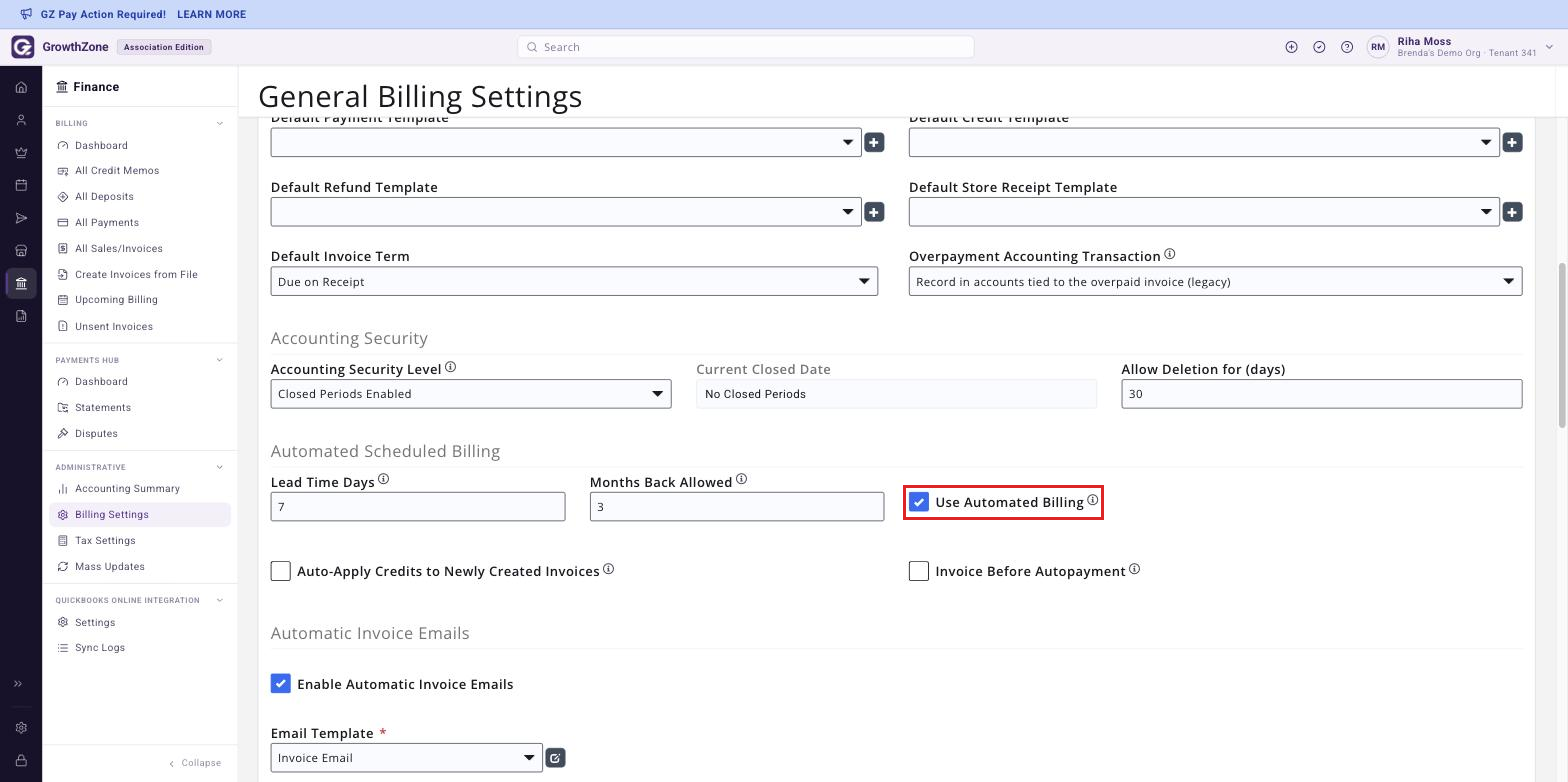 General Billing Settings page with the Use Automated Billing check-box selected
