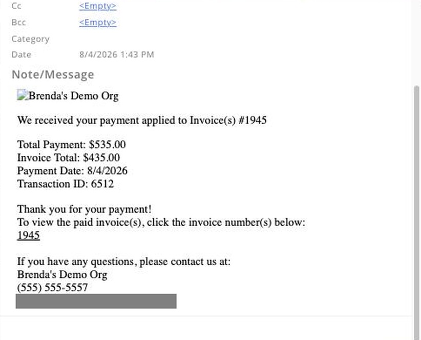 Automated payment receipt email as the member receives it, with email addresses masked