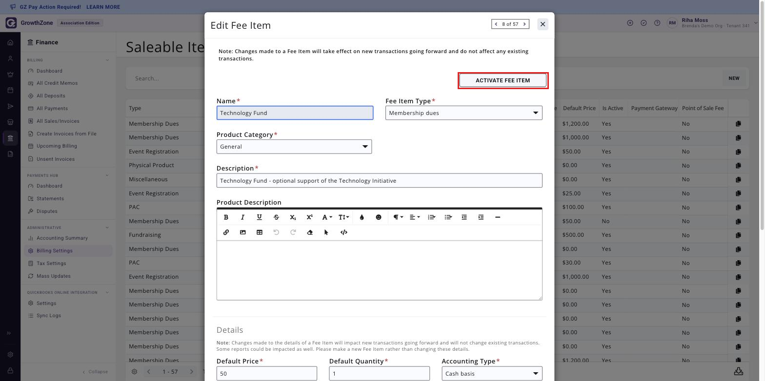 Edit Fee Item screen for a deactivated fee item with the ACTIVATE FEE ITEM button boxed
