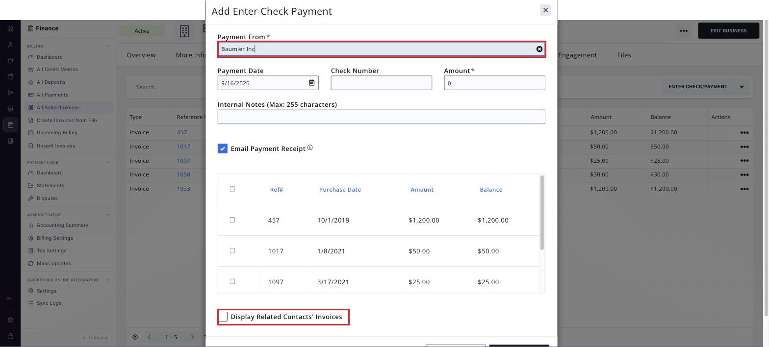Add Enter Check Payment window with Payment From set to the business and the Display Related Contacts' Invoices check-box boxed