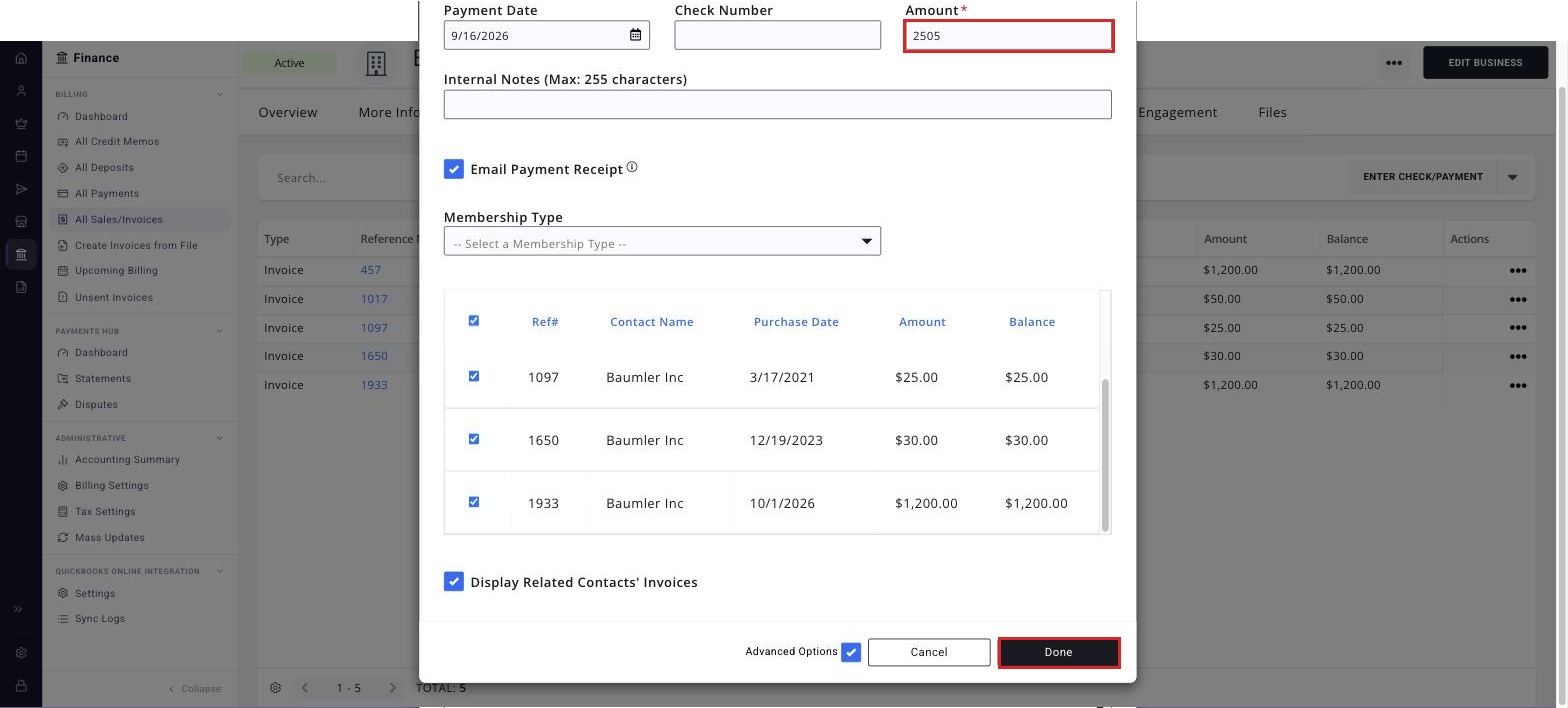 Completed Add Enter Check Payment window with the invoices selected, the amount totalled, and the Done button boxed