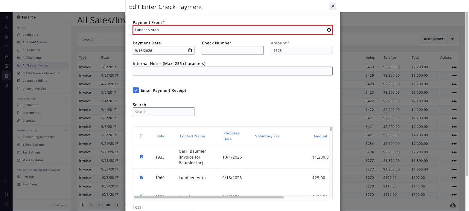 Enter Check Payment window opened from All Sales/Invoices with invoices selected across unrelated contacts and the Payment From field boxed