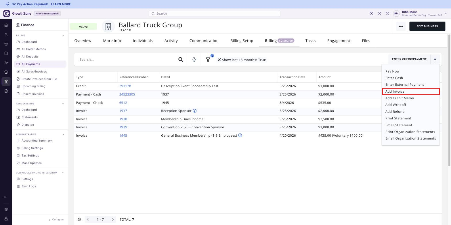 Contact record with the Billing tab open, the down arrow beside Enter Check/Payment expanded and Add Invoice boxed