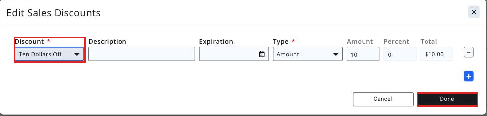 Add Invoice line item row with the Disc hyperlink clicked and the Discount drop-down open, the Done button visible