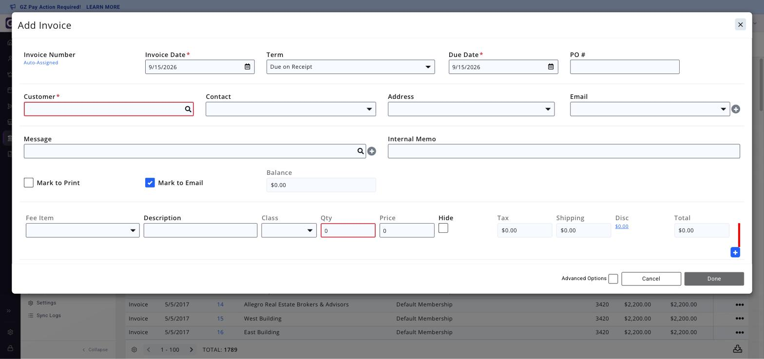 The Add Invoice window as it first opens, showing the header fields (Invoice Number, Invoice Date, Term, Due Date, Delivery) and the first line item row