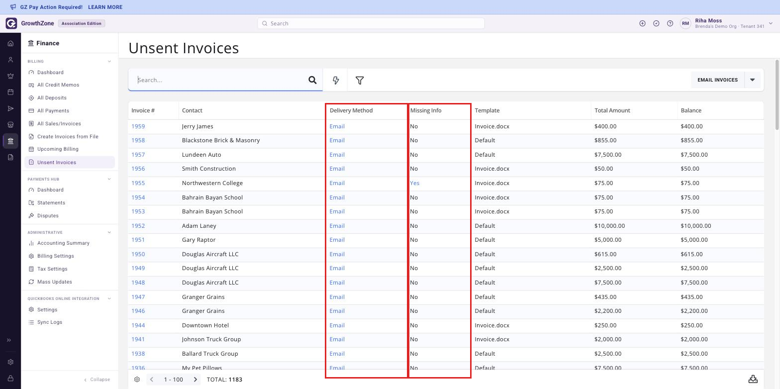 Unsent Invoices page under Finance > Billing, with the Delivery Method and Missing Info columns boxed