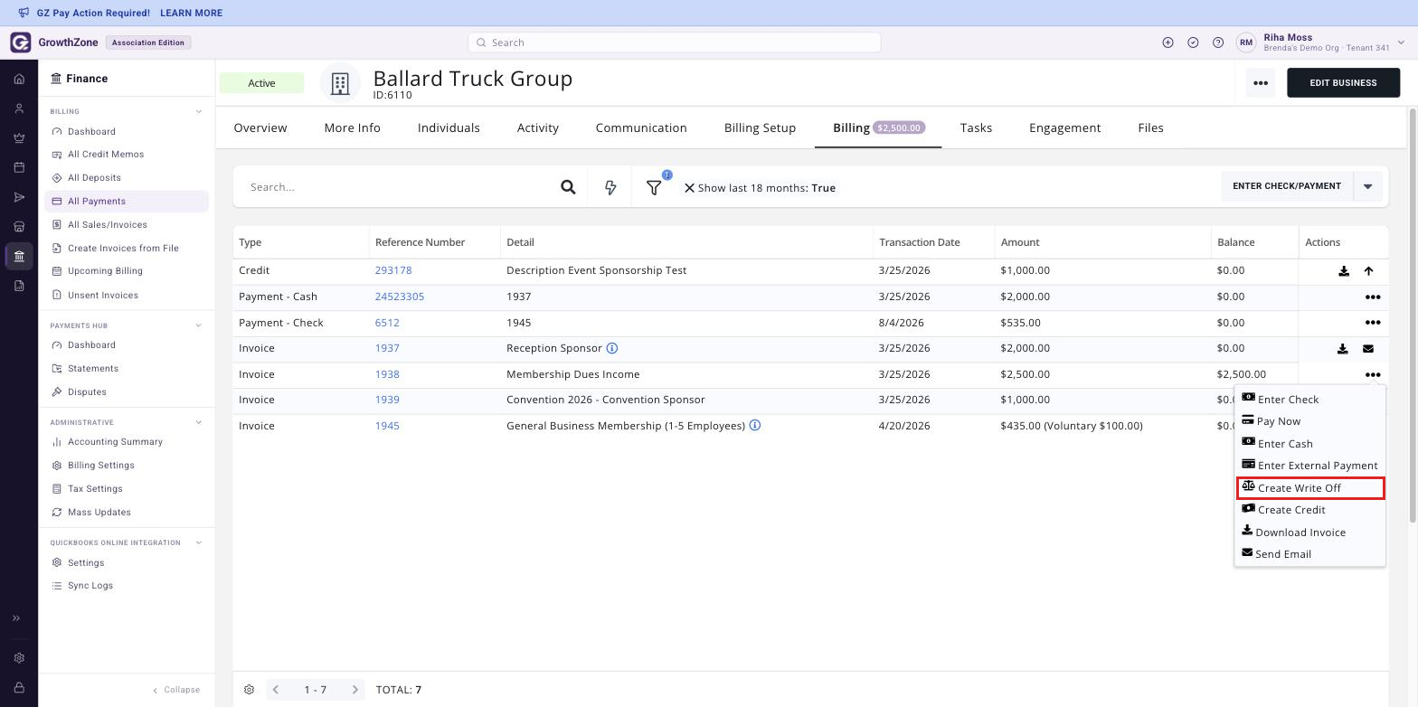 Invoice row with the action icon menu open and Create Write Off boxed