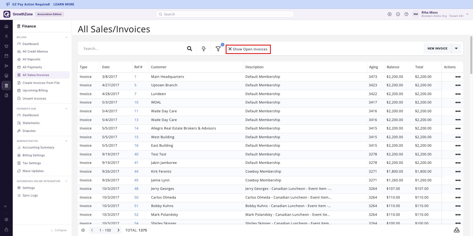 All Sales/Invoices page under Finance, Billing section, with the unpaid-invoice filter applied and the filter control boxed