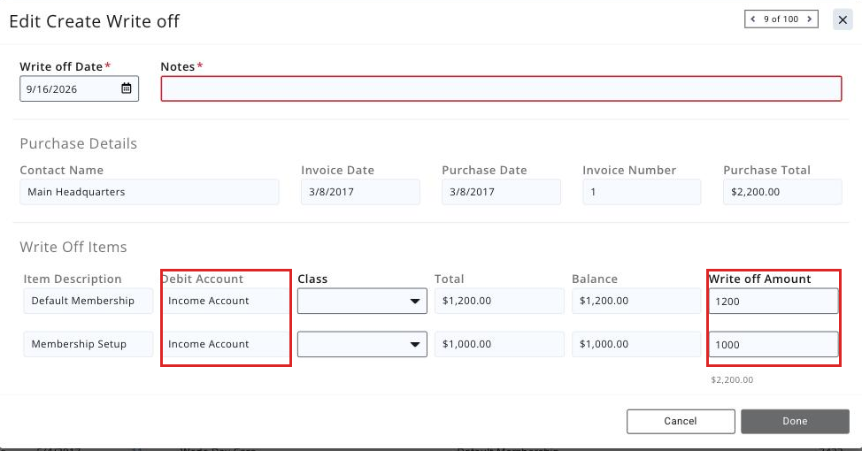 Create Write Off screen showing the Write-off date, Notes, Purchase Details and Write Off Items grid, with the Write-Off Amount and Debit Account columns boxed