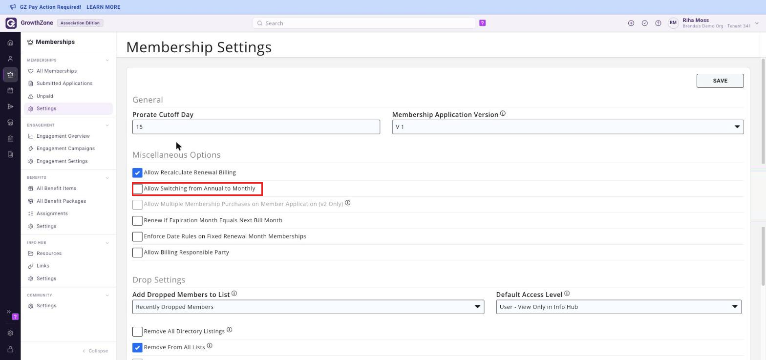 The Miscellaneous Options group on General Membership Settings, reached from Memberships > Settings, with the Allow Switching from Annual to Monthly check-box boxed