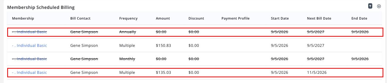 The contact&rsquo;s Billing Setup tab showing the new monthly scheduled billing boxed