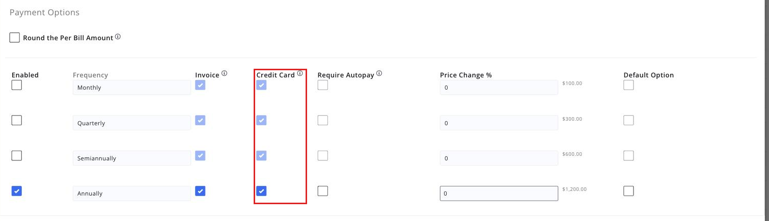 Membership type pricing screen with the Credit Card payment option boxed as enabled