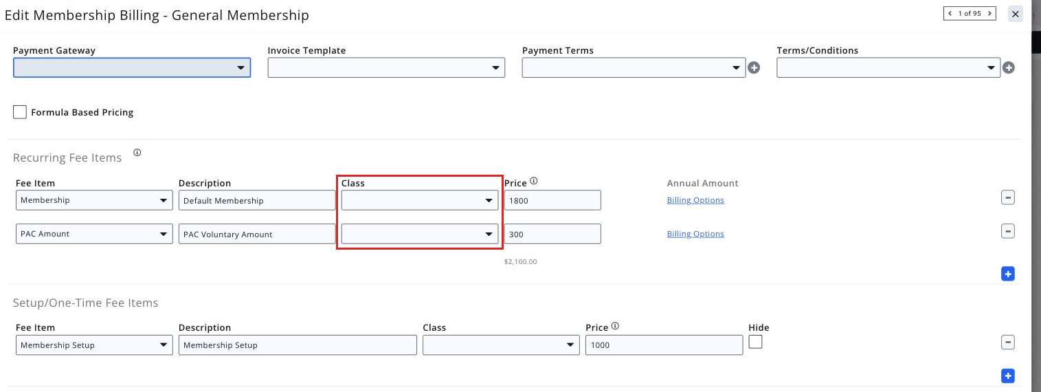 Fee Item assignment on a Membership Type setup screen with the Class field boxed