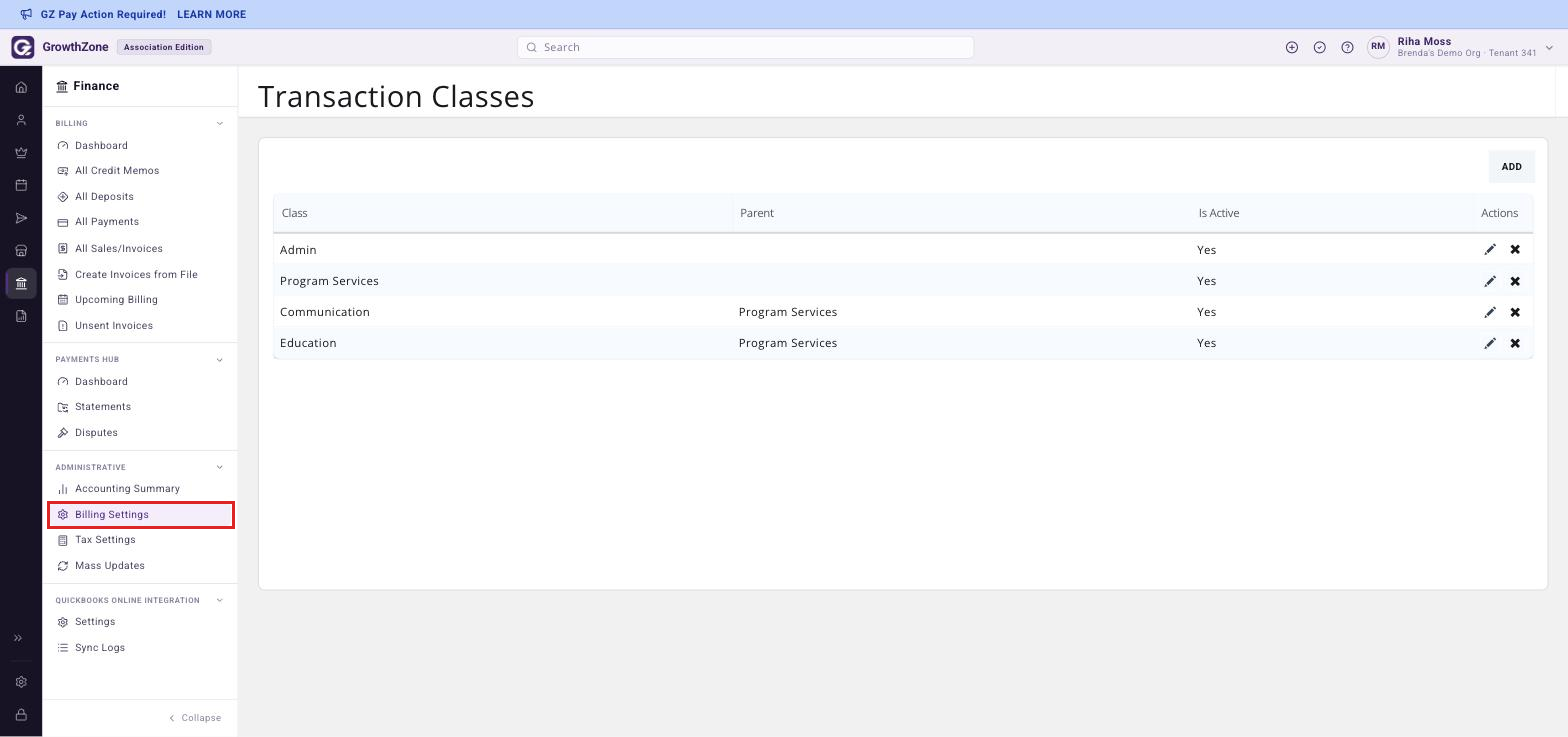 Transaction Classes list page reached from Finance > Administrative > Billing Settings, showing existing classes