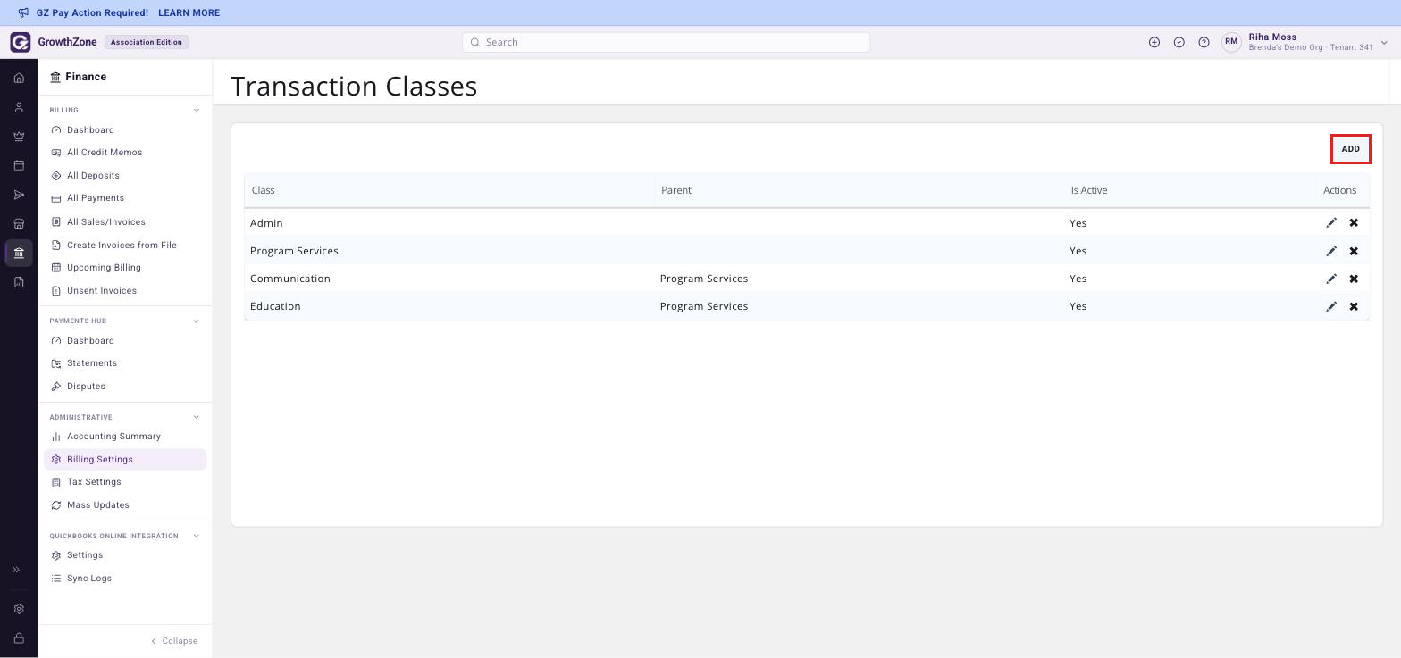 Transaction Classes screen with the Add button boxed