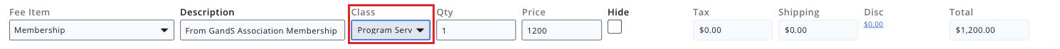 Invoice line item editor with the Class field boxed, showing a transaction class selected