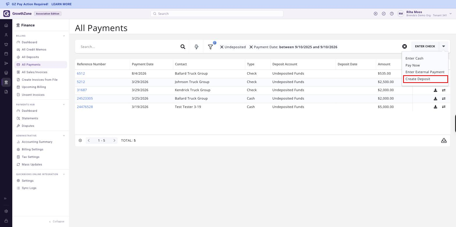 All Payments page with the Undeposited filter applied and the arrow menu beside ENTER CHECK open, with Create Deposit boxed