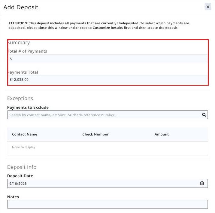 Create Deposit summary showing the total number of payments and total deposit amount