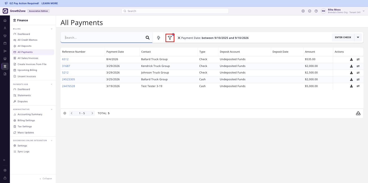 All Payments page with the filter (Customize Results) icon boxed