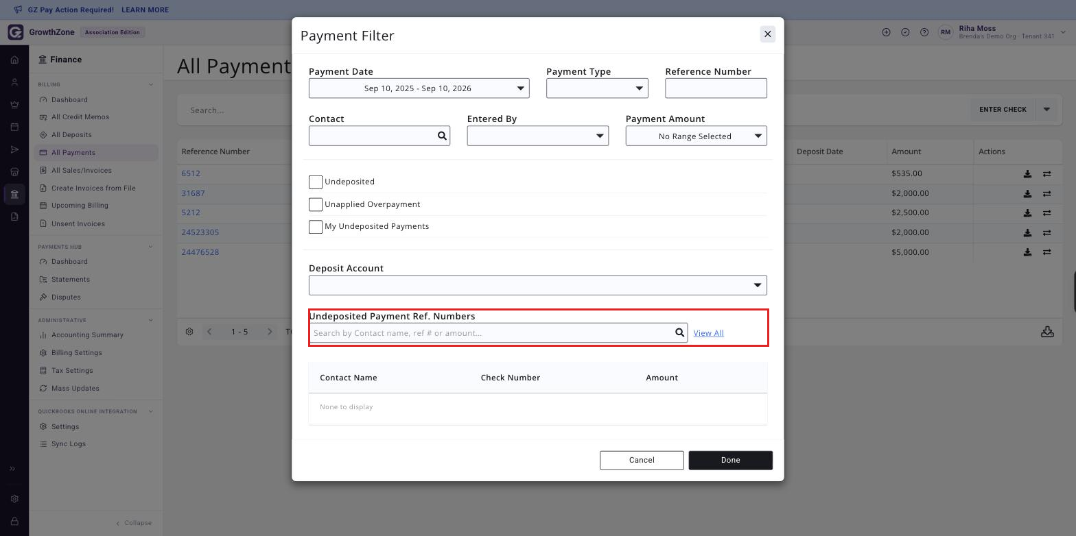 Payment Filter panel with the Undeposited Payment Ref. Numbers section and its View All hyperlink boxed