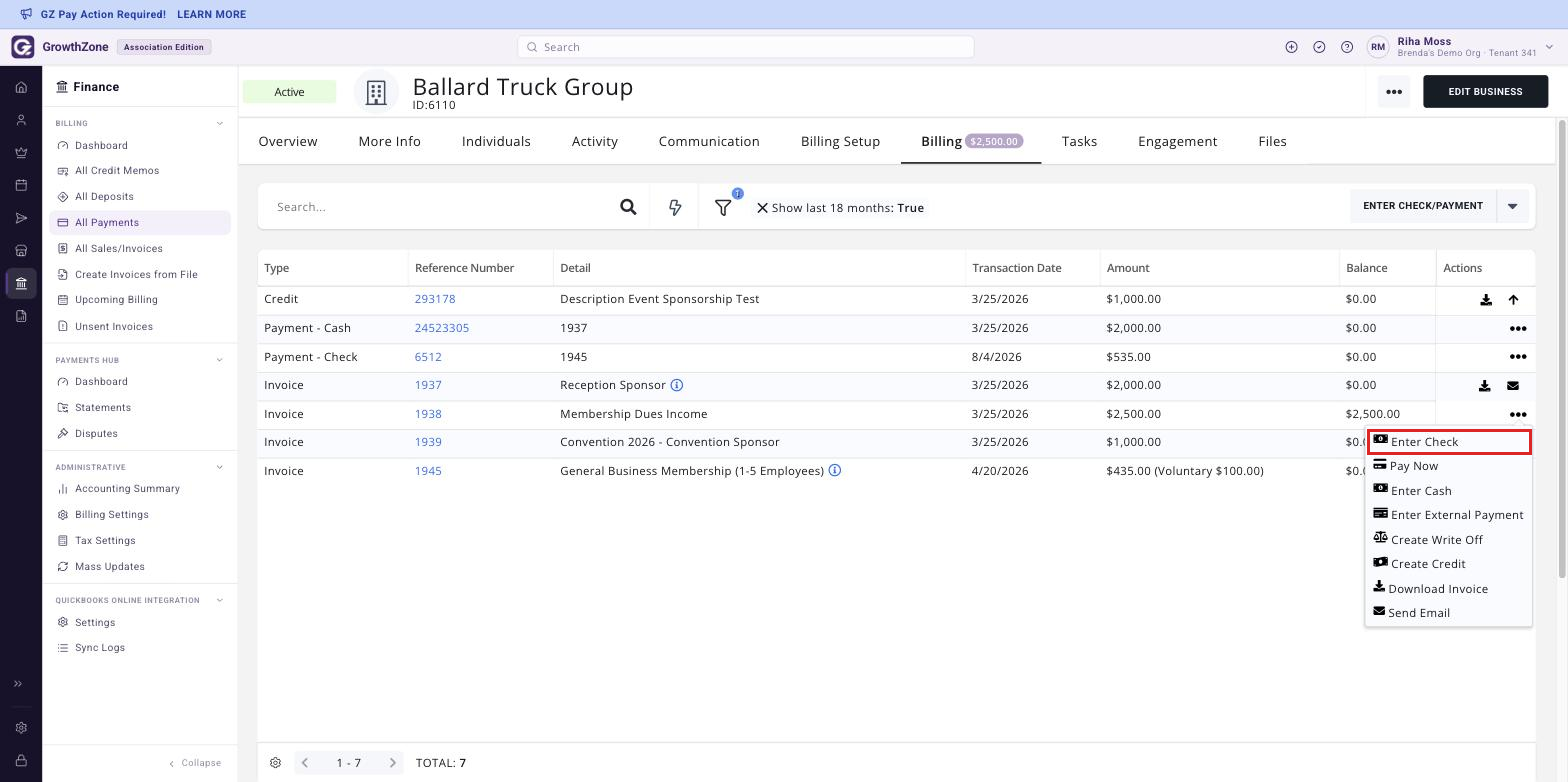 Actions menu open on an invoice row, cropped to the menu, with Enter Check boxed