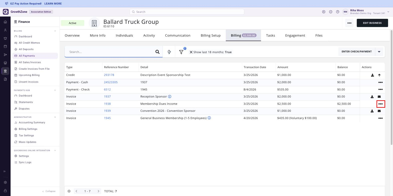 Contact record, Billing tab, with the actions icon on the target invoice row boxed
