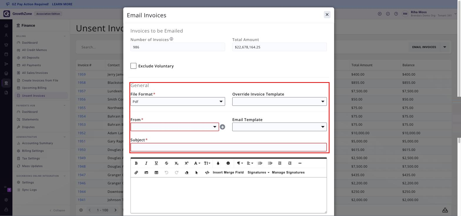 The General section of the Email Invoices window, with File Format, Override Invoice Template, From, Email Template and Subject boxed. Mask any real email address with a solid grey bar