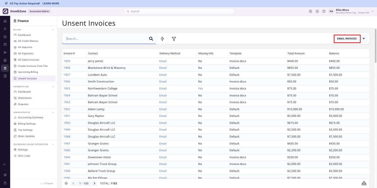 Unsent Invoices page with the EMAIL INVOICES button boxed