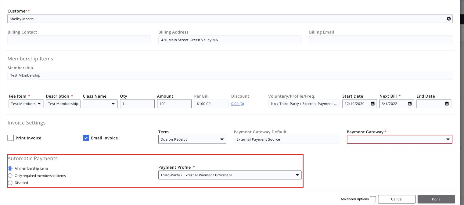 Contact&rsquo;s Billing Setup tab, Membership Scheduled Billing section expanded, with the Disable option for Automatic Payments boxed