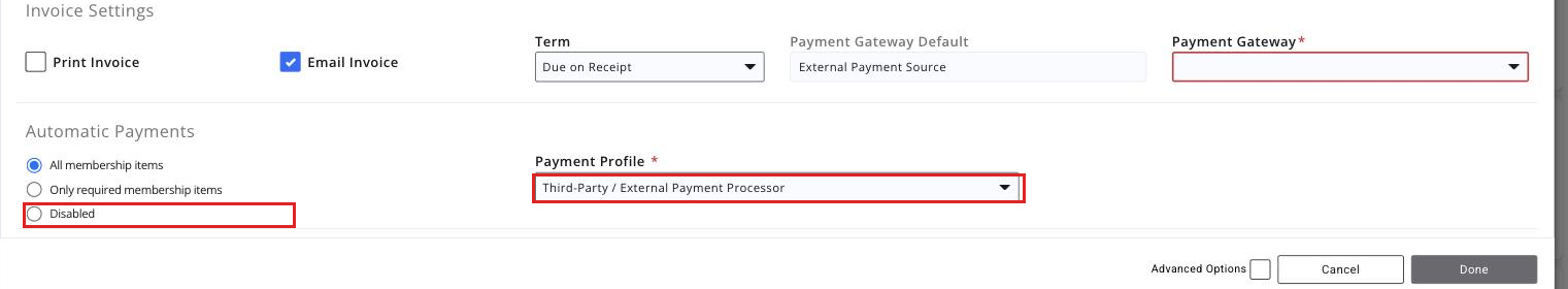Edit Membership Billing screen, Automatic Payments section, with the Disabled radio button boxed