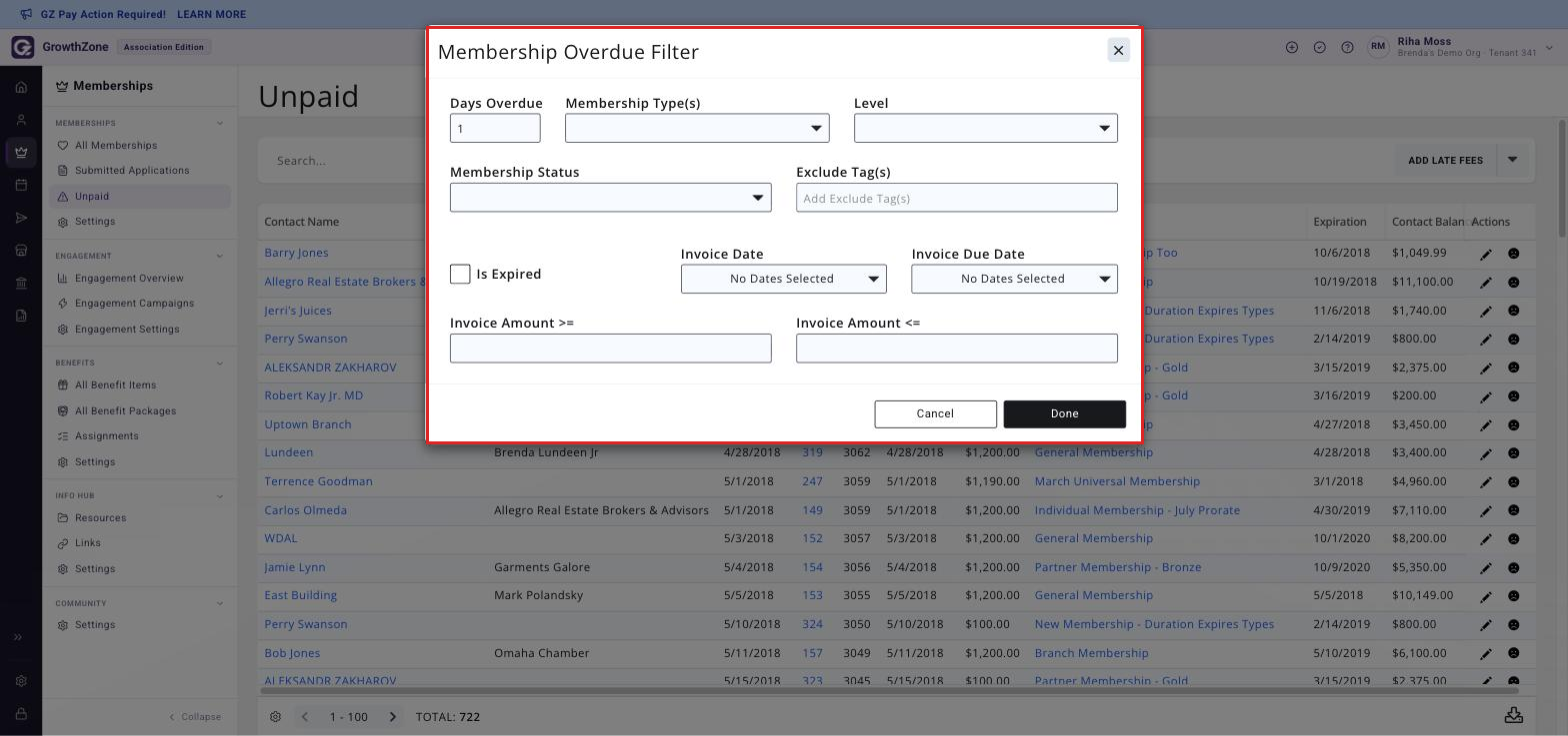Unpaid page under Memberships showing the unpaid dues invoice list, with the filtering options panel boxed