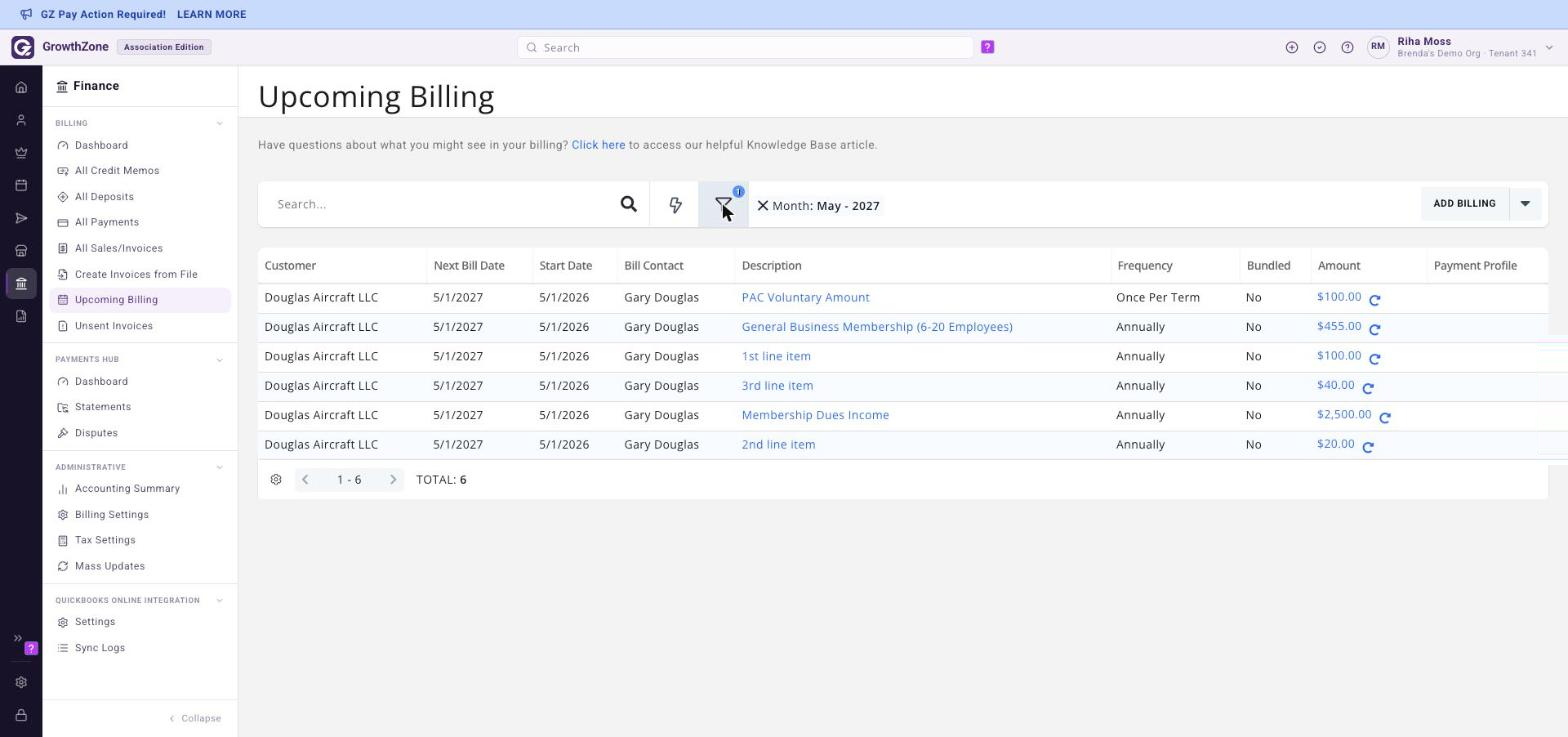 Upcoming Billing page under Finance > Billing, showing the full list of members with scheduled billing defaulted to the current month