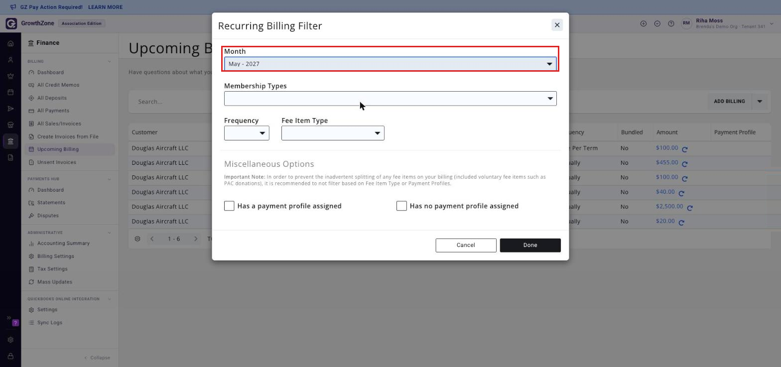 Recurring Billing Filter window opened from the filter icon on the Upcoming Billing page, with the Month selection boxed