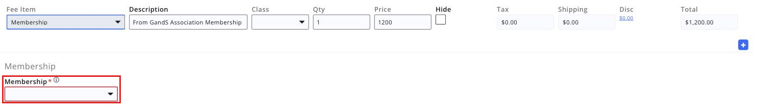 single invoice line item for a membership type fee item, with the Membership selection field boxed. Cropped to the line item area only