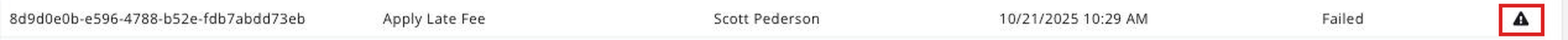 Close crop of a Batch Tracking row with the clickable Exception icon boxed