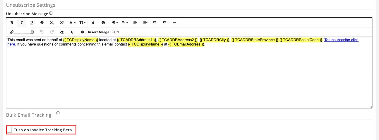Email Settings page scrolled to the bottom, with the Invoice Tracking Beta toggle beneath the Unsubscribe Message boxed